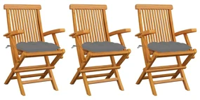 vidaXL Tuinstoelen 3 st met grijze kussens massief teakhout
