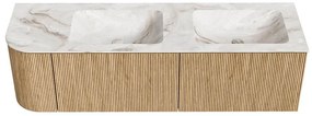 Mondiaz Kurve-dlux 155cm badmeubel ronding links oak met 2 lades en 1 deur en wastafel leaf dubbel/rechts zonder kraangat frappe