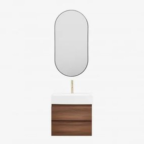 Badkamermeubelset Van Hout En Essenhoutfineer Met Geïntegreerde Wastafel Ona Donker Hout & Ovale Led En Anticondens Zwart 50x100 Cm - Sklum
