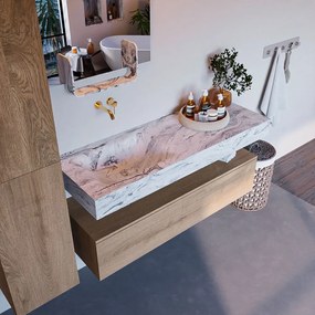 Mondiaz Alan DLux badmeubel 130cm washed oak 1 lade met wastafel glace links zonder kraangat