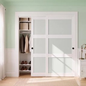 VEVOR Schuifdeur 1829 mm x 2032 mm (passende openingsmaat), gematteerde glazen bypass-schuifdeuren met bevestigingsset, massief hout en MDF-plaat met waterdicht PVC-oppervlak voor kasten, wit