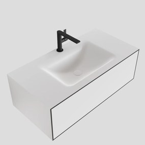 Zaro Lagom volledig naadloos solid surface onderkast 90cm mat zwart met 1 lade Push tot open. Compleet met solid surface wastafel met 1 kraangat(en)