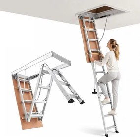 VEVOR opvouwbare zoldertrap, 170 kg draagvermogen, aluminium en hout, hydraulische zoldertrap met trekkoord voor plafondhoogtes van 300-313 cm, metalen trap met een opening van 137 x 57 cm voor toegang, zilverkleurig