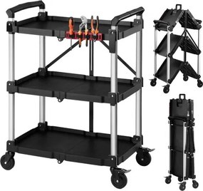 VEVOR Service-/Werkplaatstrolley van ABS, opvouwbaar, 790x500x1050 mm, zwart, rolwagen met een draagvermogen van 136 kg, inclusief 3 niveaus, 4 zwenkwielen en handgrepen, afsluitbaar, multifunctionele trolley voor garage, magazijn en werkplaats
