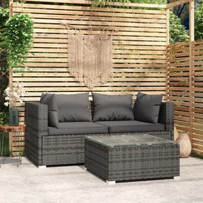 vidaXL 3-delige Loungeset met kussens poly rattan grijs