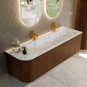 Mondiaz Kurve-dlux 145cm badmeubel ronding links walnut met 1 lade en deur en wastafel big large rechts 2 kraangaten glace