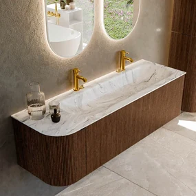 Mondiaz Kurve-dlux 145cm badmeubel ronding links walnut met 1 lade en deur en wastafel big large rechts 2 kraangaten glace
