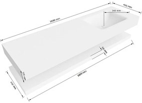 Zaro Alan badmeubel 160cm met planchet talc en vrijhangende wastafel cloud rechts 1 kraangat urban