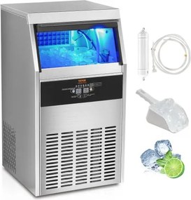 VEVOR Commerciële ijsblokjesmachine 56 kg / 24 uur, lichtgewicht ijsblokjesmachine, opslagcapaciteit 15 kg, 60 ijsblokjes, roestvrijstalen ijsblokjesmachine inclusief waterfilter en ijsschep.