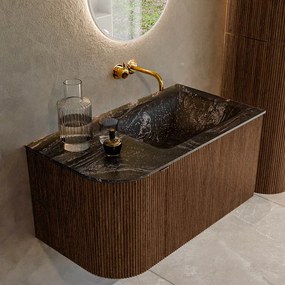 Mondiaz Kurve-dlux 85cm badmeubel ronding links walnut met 1 lade en deur en wastafel cloud rechts zonder kraangat lava