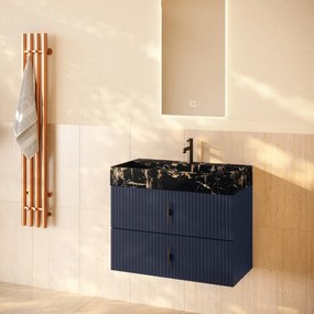 Muebles Murcia badmeubel ribbelfront 80cm marine blauw met Portoro Gold wastafel met kraangat