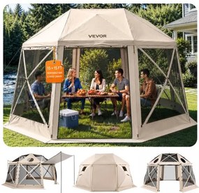 VEVOR Pop-up Paviljoen, 4,57 x 4,57 m, 13-zijdige, bolvormige kampeertent met afneembaar dak en draagtas, 360° ventilatie, zonnescherm, partytent voor 12-15 personen, beige