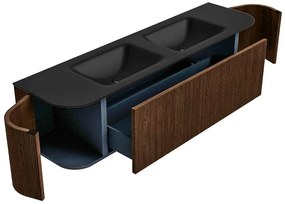 Mondiaz Kurve 170cm badmeubel ronding links/rechts walnut met 1 lade en 2 deuren en wastafel cloud dubbel zonder kraangat urban