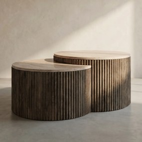 Set Salontafels Ribbelhout En Traverin - 60 X 60cm.