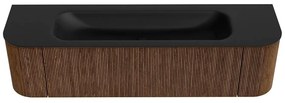 Mondiaz Kurve 170cm badmeubel ronding links/rechts walnut met 1 lade en 2 deuren en wastafel big large midden zonder kraangat urban