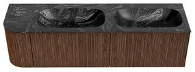 Mondiaz Kurve-dlux 165cm badmeubel ronding links walnut met 2 lades en 1 deur en wastafel stor small dubbel/rechts zonder kraangat lava