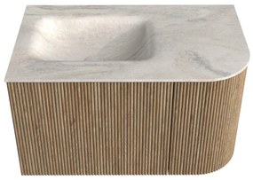 Mondiaz Kurve-dlux 75cm badmeubel ronding rechts dusk met 1 lade en deur en wastafel grunne links zonder kraangat ostra