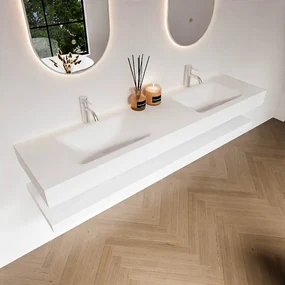Zaro Alan badmeubel 180cm met planchet talc en vrijhangende wastafel cloud dubbel 2 kraangaten talc