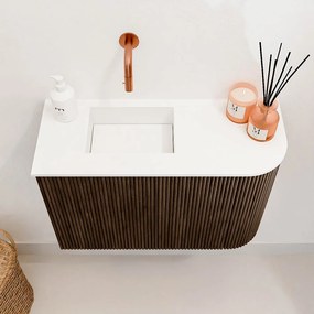 Mondiaz Joya 60cm toiletmeubel ronding rechts walnut met wastafel faye links zonder kraangat talc