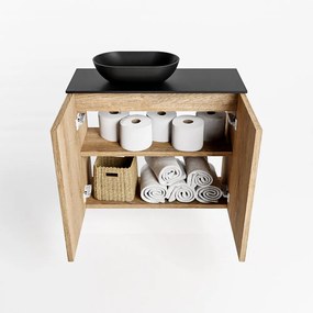 Mondiaz Fowy toiletmeubel 60cm washed oak met zwarte waskom links en kraangat