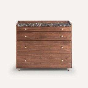 Ladekast met 4 laden, walnootfineer en amber marmer, Noham