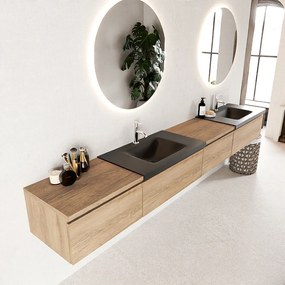 Mondiaz Bukla 280cm badmeubel met module 60 rechts Washed Oak met 4 lades wastafel Cloud dubbel 2 kraangaten Urban