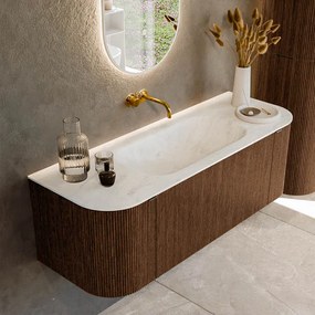 Mondiaz Kurve-dlux 130cm badmeubel ronding links/rechts walnut met 1 lade en 2 deuren en wastafel big small midden zonder kraangat opalo