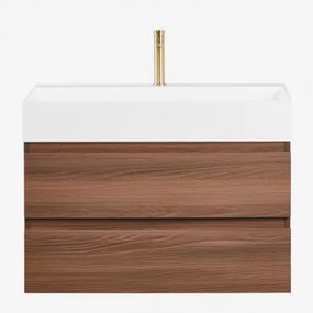 Ona Zwevend Badkamermeubelset Van Hout En Essenfineer Met Geïntegreerde Wastafel Spiegelloze & Donker Hout & ↔︎ 80 Cm & Geborsteld Goudk - Sklum