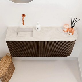 Mondiaz Joya DLux 90cm toiletmeubel ronding rechts walnut met wastafel faye links zonder kraangat ostra