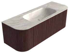 Mondiaz Kurve-dlux 130cm badmeubel ronding links/rechts ruby met 1 lade en 2 deuren en wastafel big small midden zonder kraangat ostra