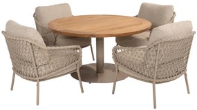 4 Seasons Outdoor Sardinia low dining set latte met Saba tafel latte met teak blad Ø 130 cm  Tuinset    beige weerbestendig