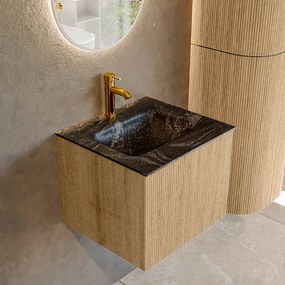 Mondiaz Kurve-dlux 50cm badmeubel oak met 1 lade en wastafel grunne midden 1 kraangat lava