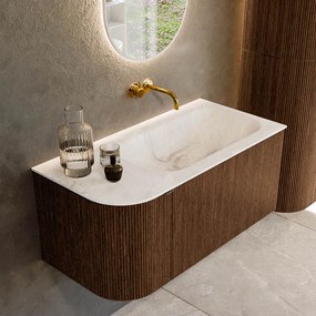 Mondiaz Kurve-dlux 95cm badmeubel ronding links walnut met 1 lade en deur en wastafel big small rechts zonder kraangat frappe