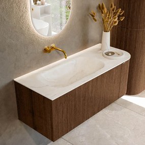 Mondiaz Kurve-dlux 115cm badmeubel ronding rechts walnut met 1 lade en deur en wastafel big small links zonder kraangat ostra