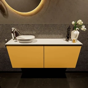 Mondiaz Fowy toiletmeubel 120cm ocher met witte waskom links en kraangat