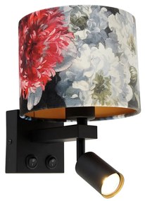 Wandlamp zwart met leeslamp en kap 18 cm bloemen - Brescia Modern E27 vierkant Binnenverlichting Lamp