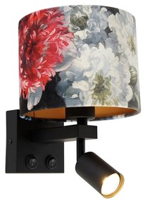 Wandlamp zwart met leeslamp en kap 18 cm bloemen - Brescia