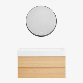 Badkamermeubelset Van Hout En Essenhoutfineer Met Geïntegreerde Wastafel Ona Natuurlijk Hout & Round Led And Antifog Zwart Ø80 Cm Kimacs - Sklum