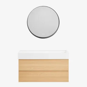 Badkamermeubelset Van Hout En Essenhoutfineer Met Geïntegreerde Wastafel Ona Natuurlijk Hout & Round Led And Antifog Zwart Ø80 Cm Kimacs - Sklum