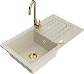 Mexen Pablo 1-delige granieten gootsteen met afdruiprek en keukenmengkraan Telma, beige - 6510-69-670200-50