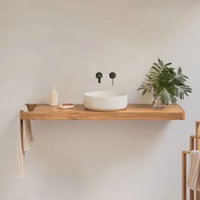 Conjunto Van Meubel 130x45 Cm Hangend In Teakhout Neill Teakhout & Rond Keramiek Wit Ø40 Cm Lenka & Spiegelloze & Matzwart Inbouwmodel Met Afvoerkraan