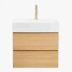 Ona Zwevend Badkamermeubelset Van Hout En Essenfineer Met Geïntegreerde Wastafel Natuurlijk Hout & Spiegelloze & Geborsteld Goud - Sklum