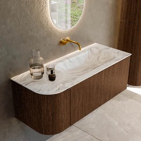 Mondiaz Kurve-dlux 115cm badmeubel ronding links walnut met 1 lade en deur en wastafel big small rechts zonder kraangat glace
