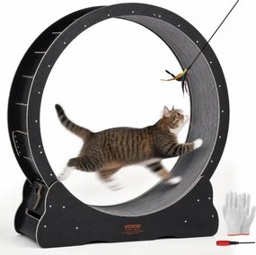 VEVOR Houten Kattenloopwiel, 110 cm Grote Kattenloopband voor Binnenkatten, Kattenloopwiel met Afneembaar Tapijt en Kattenhengel voor Hardlopen/Wandelen/Oefenen, Geschikt voor de Meeste Katten, Zwart