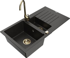 Mexen Matias granieten spoelbak 1,5-komorige met afdruiprek en keukenmengkraan Telma, zwart/goud - 6502-75-670200-50