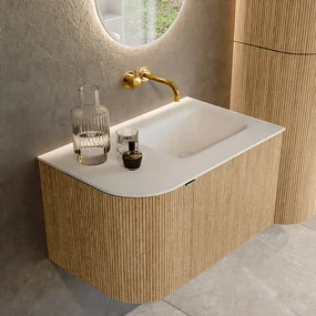 Mondiaz Kurve 75cm badmeubel ronding links oak met 1 lade en deur en wastafel grunne rechts zonder kraangat