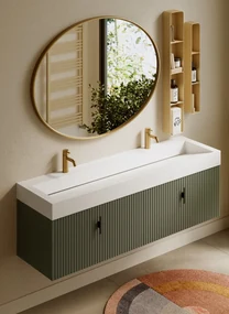 Muebles Calas badmeubel ribbelfront 160cm legergroen met solid surface wastafel met kraangaten