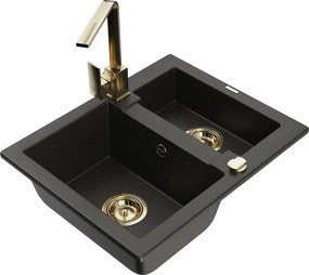 Mexen Carlos granieten spoelbak 1,5-komorige met keukenmengkraan Rita, zwart/goud metallic - 6518-75-670300-50