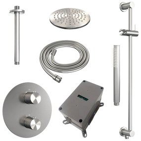 Brauer Brushed Carving thermostatische inbouw regendouche met staafhanddouche, plafondarm, glijstang en hoofddouche 20cm set 89 RVS geborsteld PVD