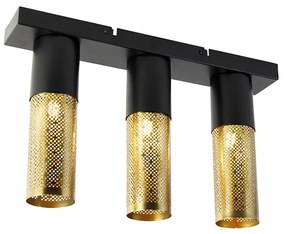 Industriële plafondlamp zwart met goud langwerpig 3-lichts - Raspi Industriele / Industrie / Industrial E27 rond Binnenverlichting Lamp